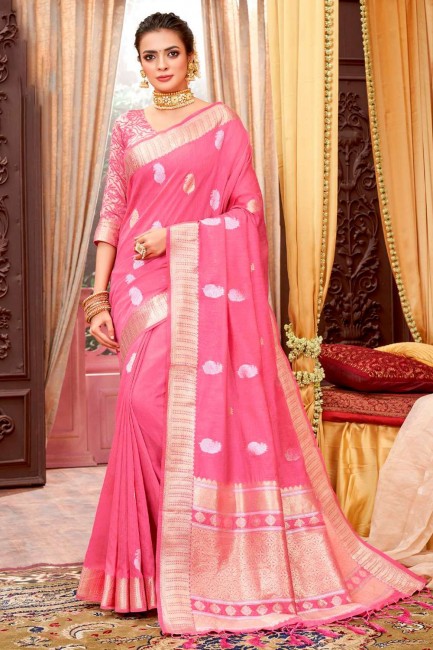 Pink Saree in Weaving Cotton