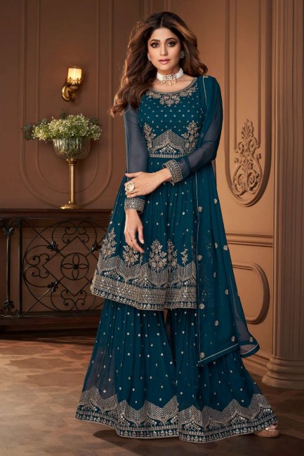 Embroidered Palazzo Suit in Teal blue Georgette