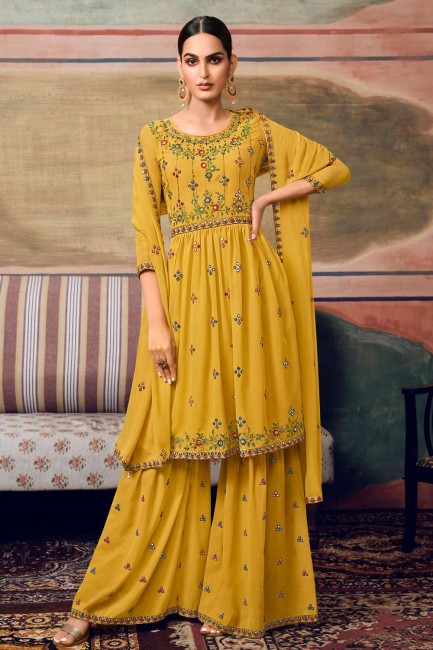 Palazzo Suit in Yellow Faux georgette with Embroidered