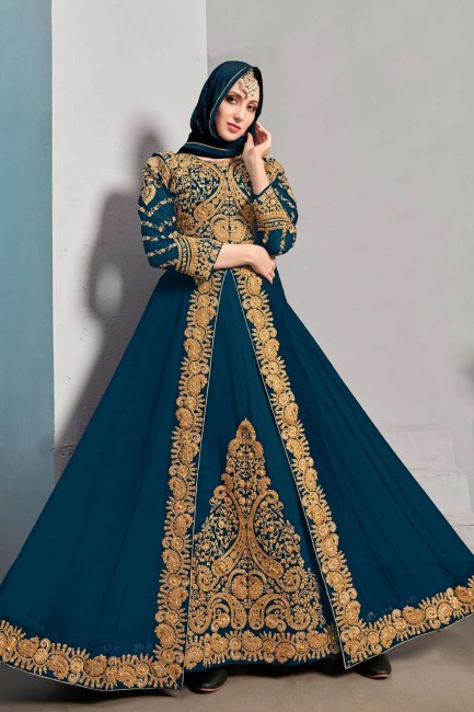Georgette Teal blue Anarkali Suit in Embroidered