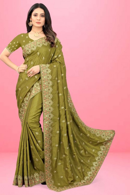Silk Embroidered Mehndi Saree with Blouse