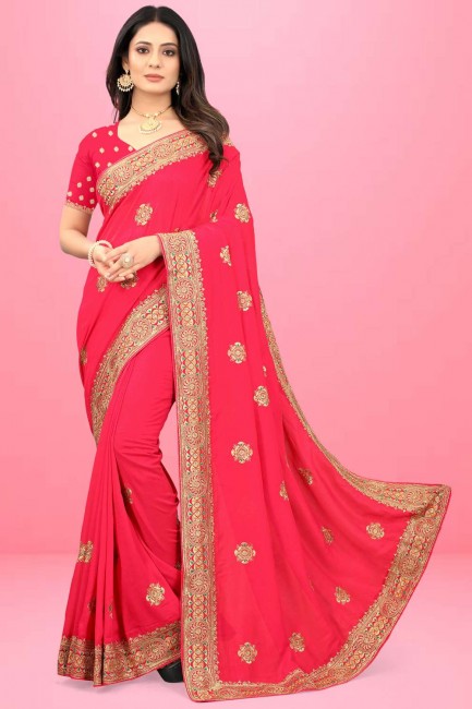 Saree Silk with Embroidered in Pink