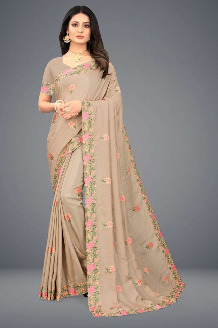 Silk Saree in Chiku  with Embroidered