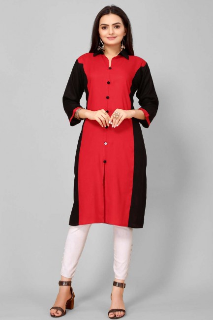 Red Kurti in Rayon with Plain