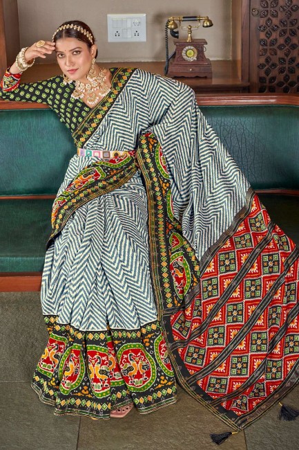 Green Saree with Printed Patola silk