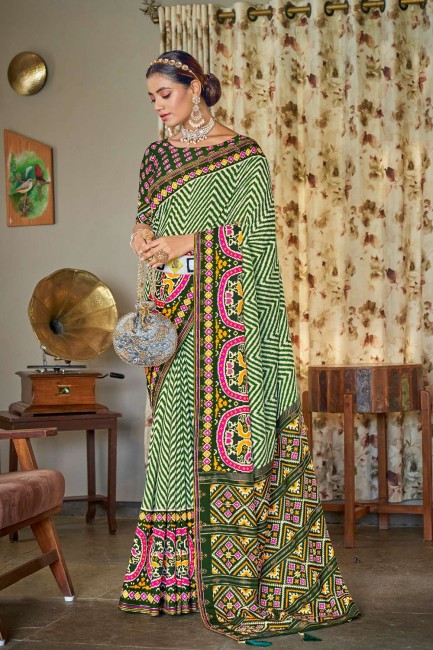 Mehndi  Saree with Printed Patola silk