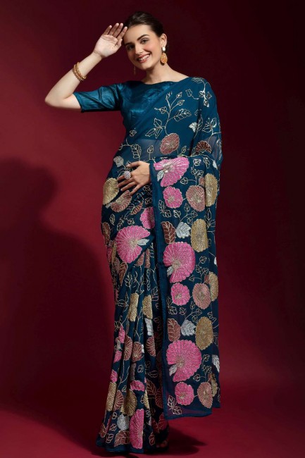 Georgette Saree in Blue with Embroidered