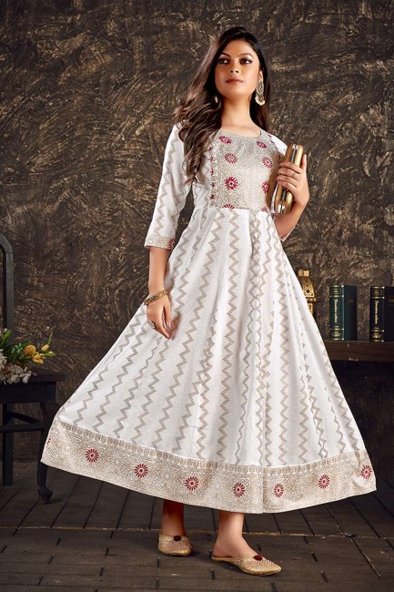 Off white Rayon Printed gown with Dupatta