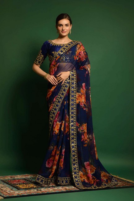 Embroidered,printed Georgette Blue Saree with Blouse