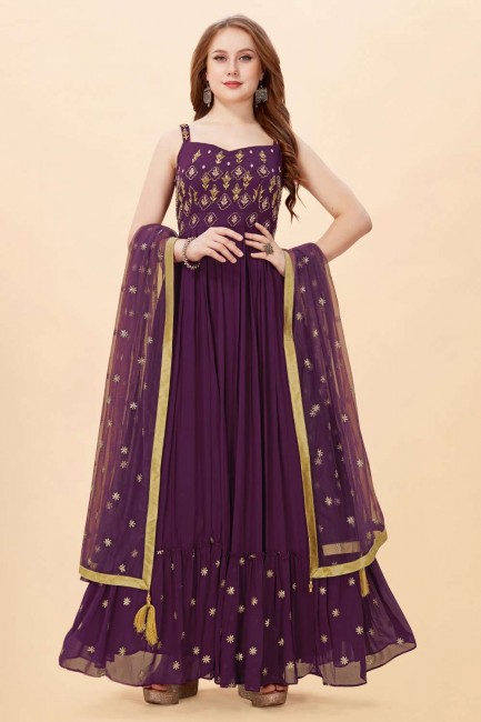 Purple Embroidered Art silk Gown Dress