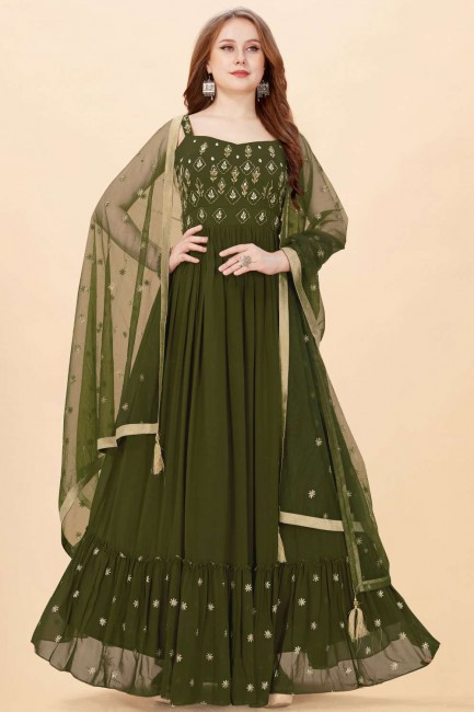 Art silk Gown Dress with Embroidered in Mehndi