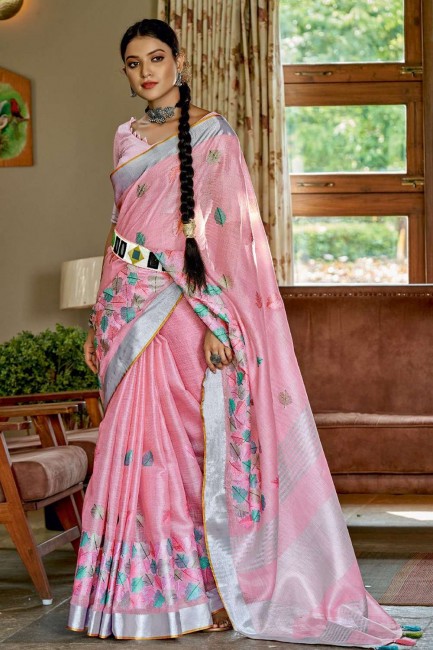 Banarasi Saree in Pink Linen with Resham,embroidered,lace border