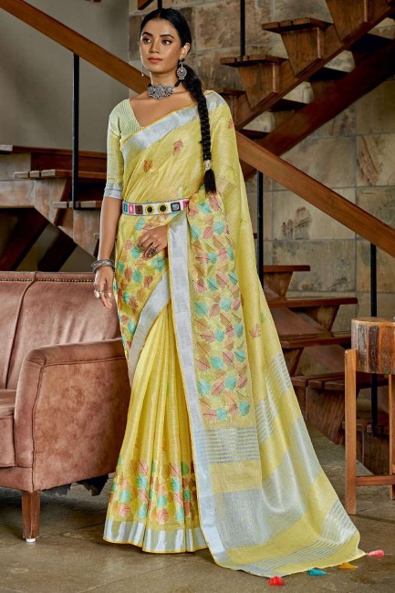 Resham,embroidered,lace border Linen Banarasi Saree in Yellow