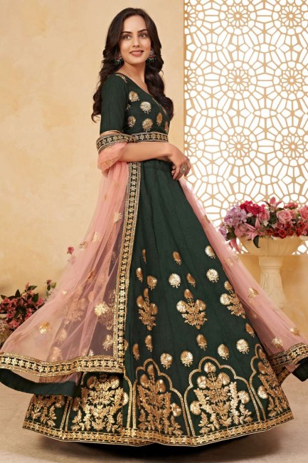 Green Party Lehenga Choli in Embroidered Silk