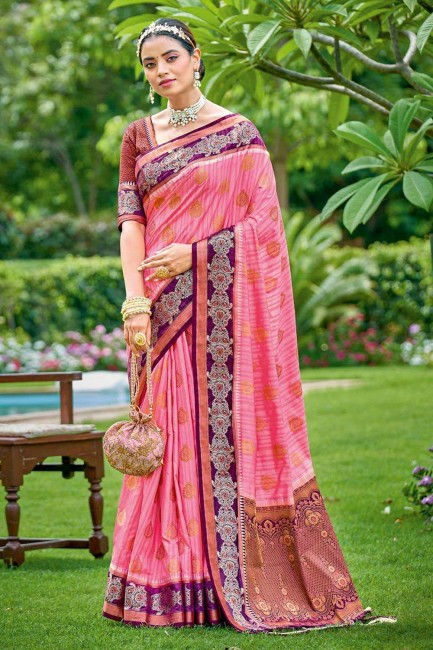 Zari,embroidered,weaving Silk Pink Banarasi Saree with Blouse