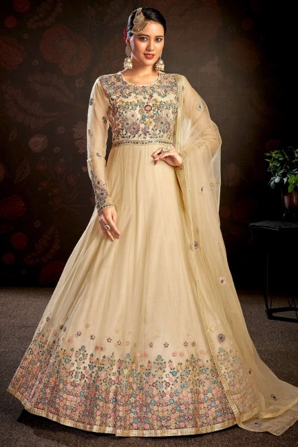 Embroidered Net Anarkali Suit in Chiku  with Dupatta