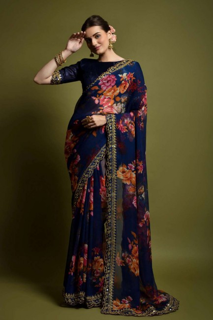 Georgette Blue Saree in Embroidered,printed