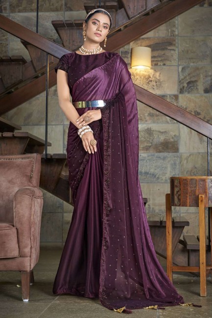 Silk Purple Saree in Stone with moti