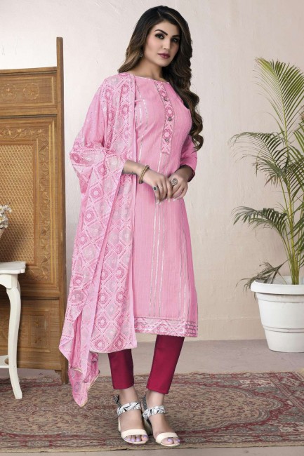 Embroidered Cotton Pink Salwar Kameez with Dupatta