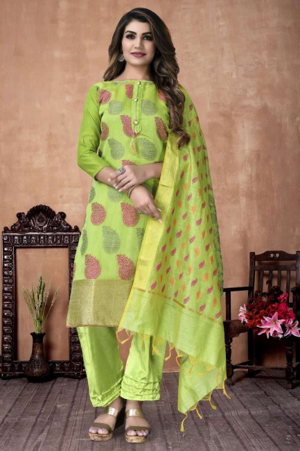 Salwar Kameez with Weaving Banarasi Green silk