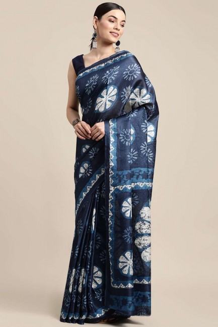 Saree in Cotton with Blue Printed