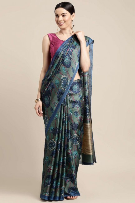 Teal  Saree in Cotton with Printed