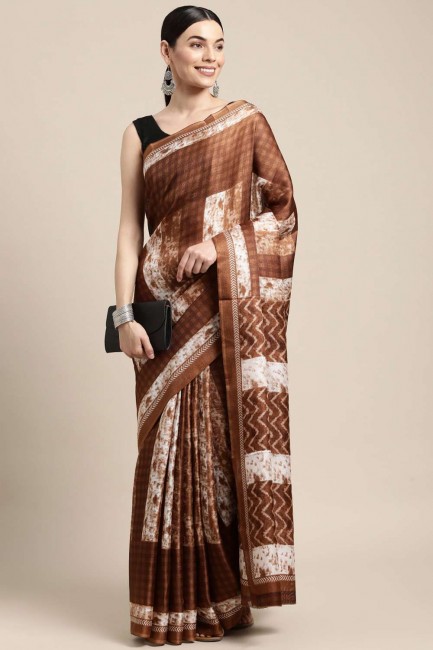 Cotton Printed Brown Saree with Blouse