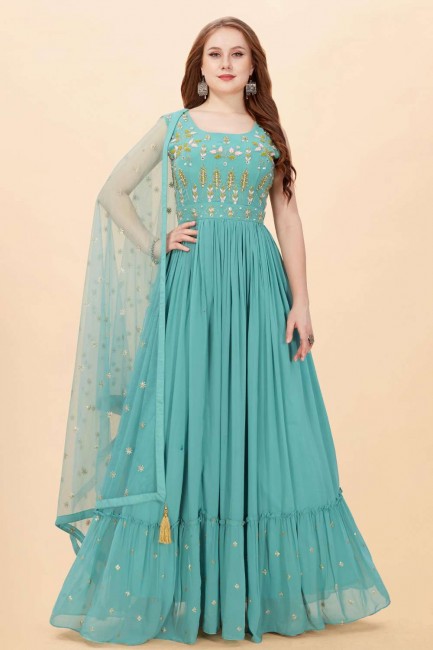 Embroidered Georgette Blue Gown Dress with Dupatta