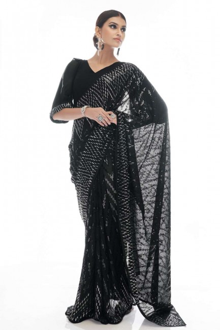 Georgette Black Party Wear Saree in Thread,embroidered