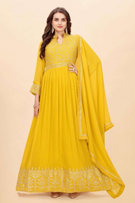 Embroidered Diwali Anarkali Suit in Yellow Faux georgette