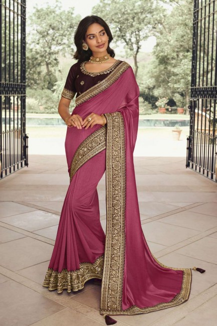 Silk Saree with Zari,embroidered in Onion pink