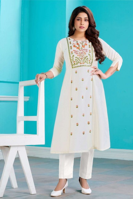 Embroidered Viscose Frock Kurti in White with Dupatta