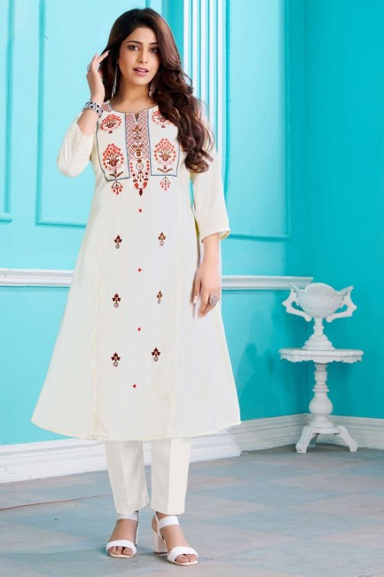 White Frock Kurti with Embroidered Viscose