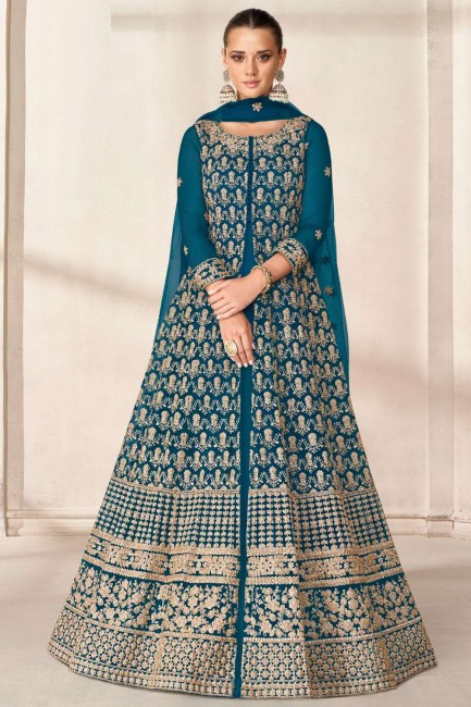 Embroidered Net Diwali Anarkali Suit in Blue