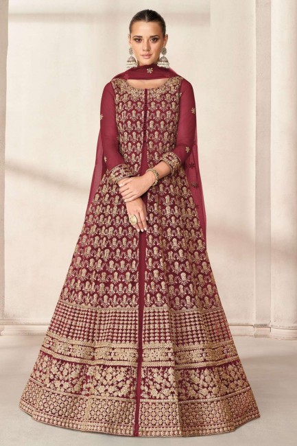 Maroon Net Anarkali Suit with Embroidered