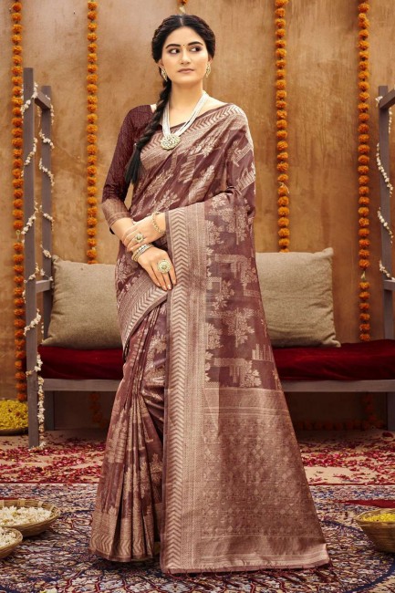 Saree in Brown Cotton with Weaving