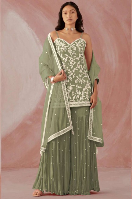Green Sharara Suit in Diwali Faux georgette with Embroidered