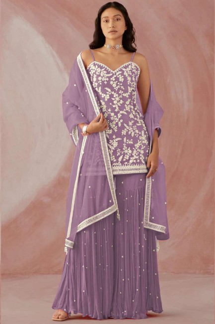 Faux georgette Embroidered Purple Diwali Sharara Suit with Dupatta