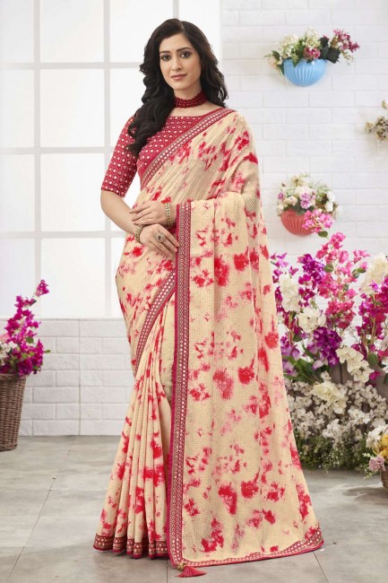 Mirror,embroidered,printed Chinon chiffon Pink,cream Saree with Blouse