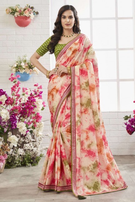 Pink Chinon chiffon Saree with Mirror,embroidered,printed