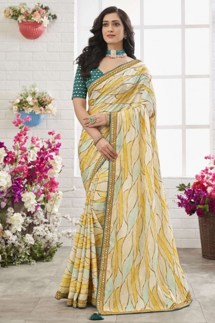 Chinon chiffon Mirror,embroidered,printed Yellow Saree with Blouse