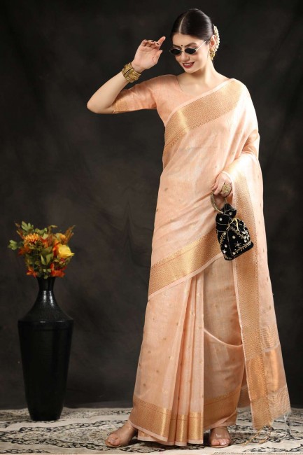 Orange Saree in Silk with Zari,weaving,lace border