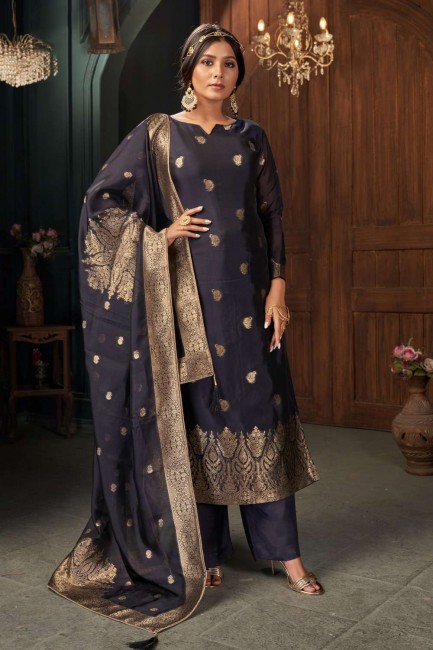 Navy Blue Diwali Palazzo Suit in Silk with Weaving