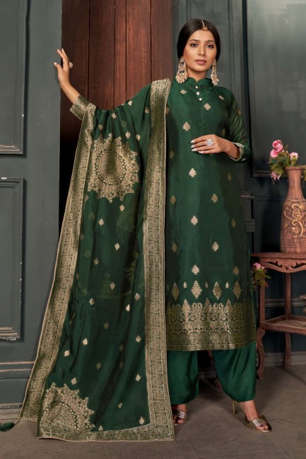 Silk Diwali Palazzo Suit with Weaving in Green