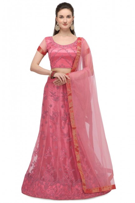 Embroidered Net Diwali Lehenga Choli in Pink with Dupatta