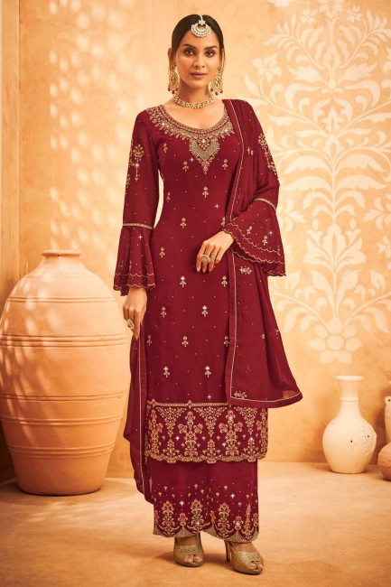 Faux georgette Pakistani Palazzo Suit with Embroidered
