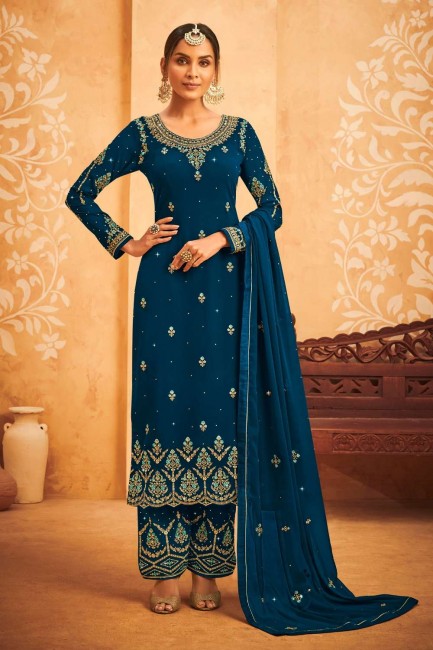 Faux georgette Embroidered Teal blue Pakistani Palazzo Suit with Dupatta