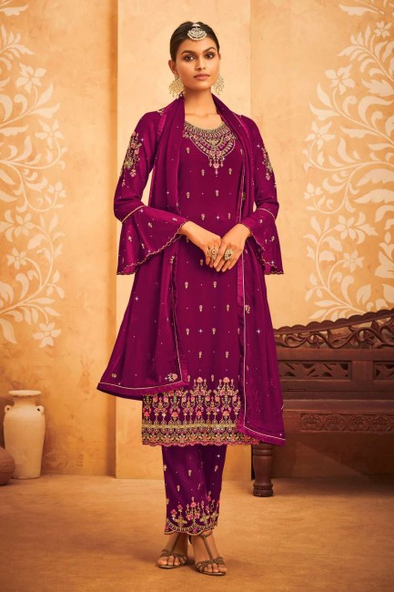 Embroidered Faux georgette Pakistani Palazzo Suit in Purple with Dupatta