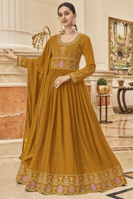Mustard  Anarkali Suit in Embroidered Faux georgette