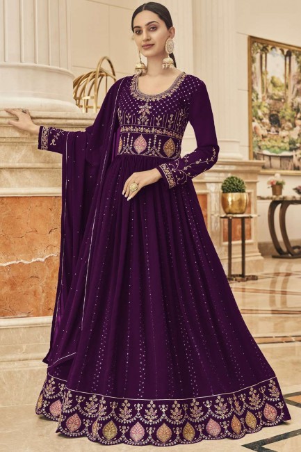 Wine Embroidered Anarkali Suit in Faux georgette